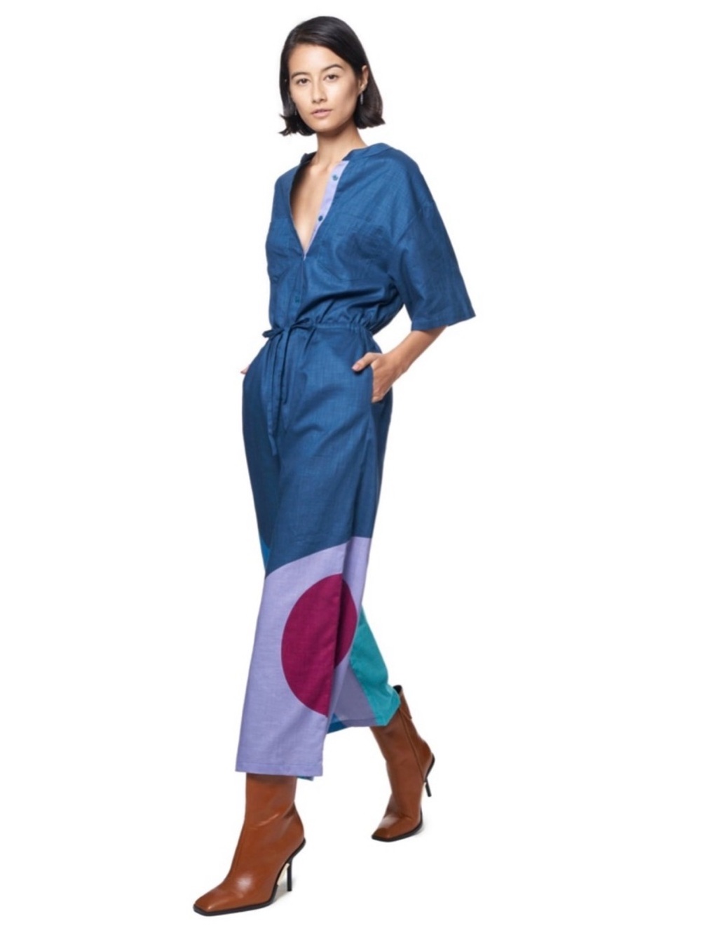 The Kit Issa Teal Colorblock Button-Front Tie-Waist Jumpsuit